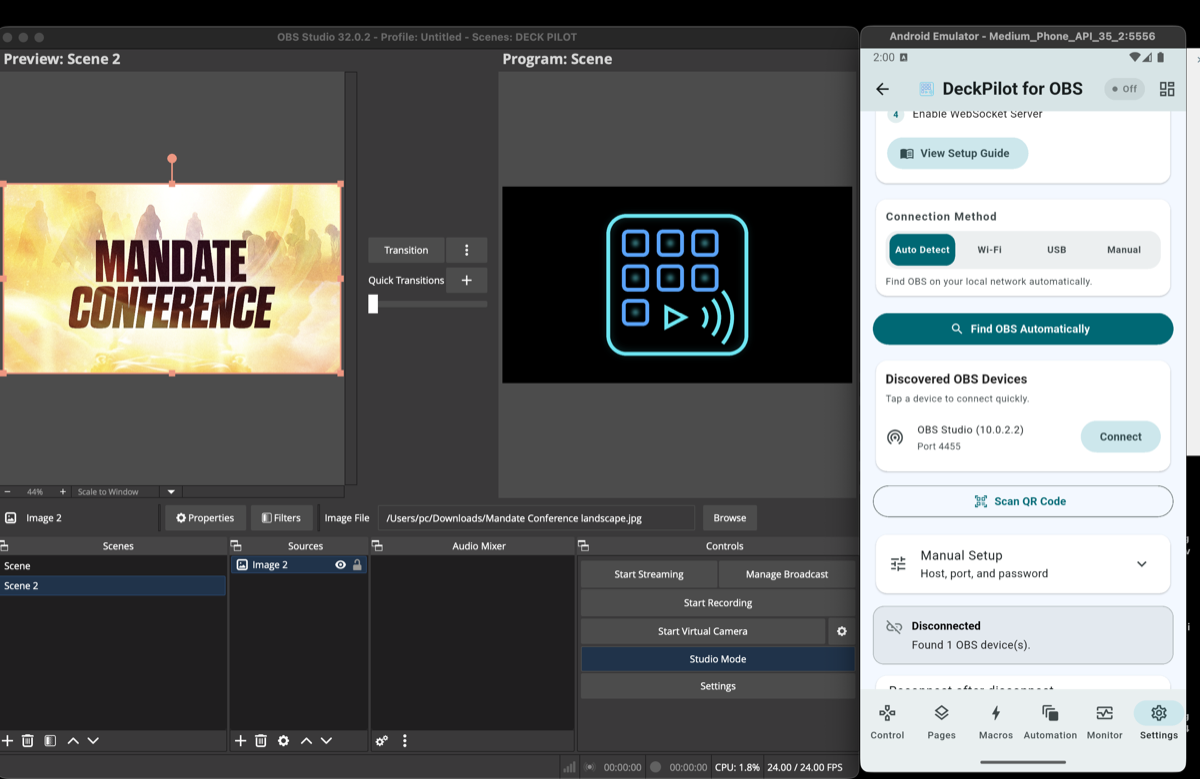 DeckPilot connecting automatically to OBS using WebSocket