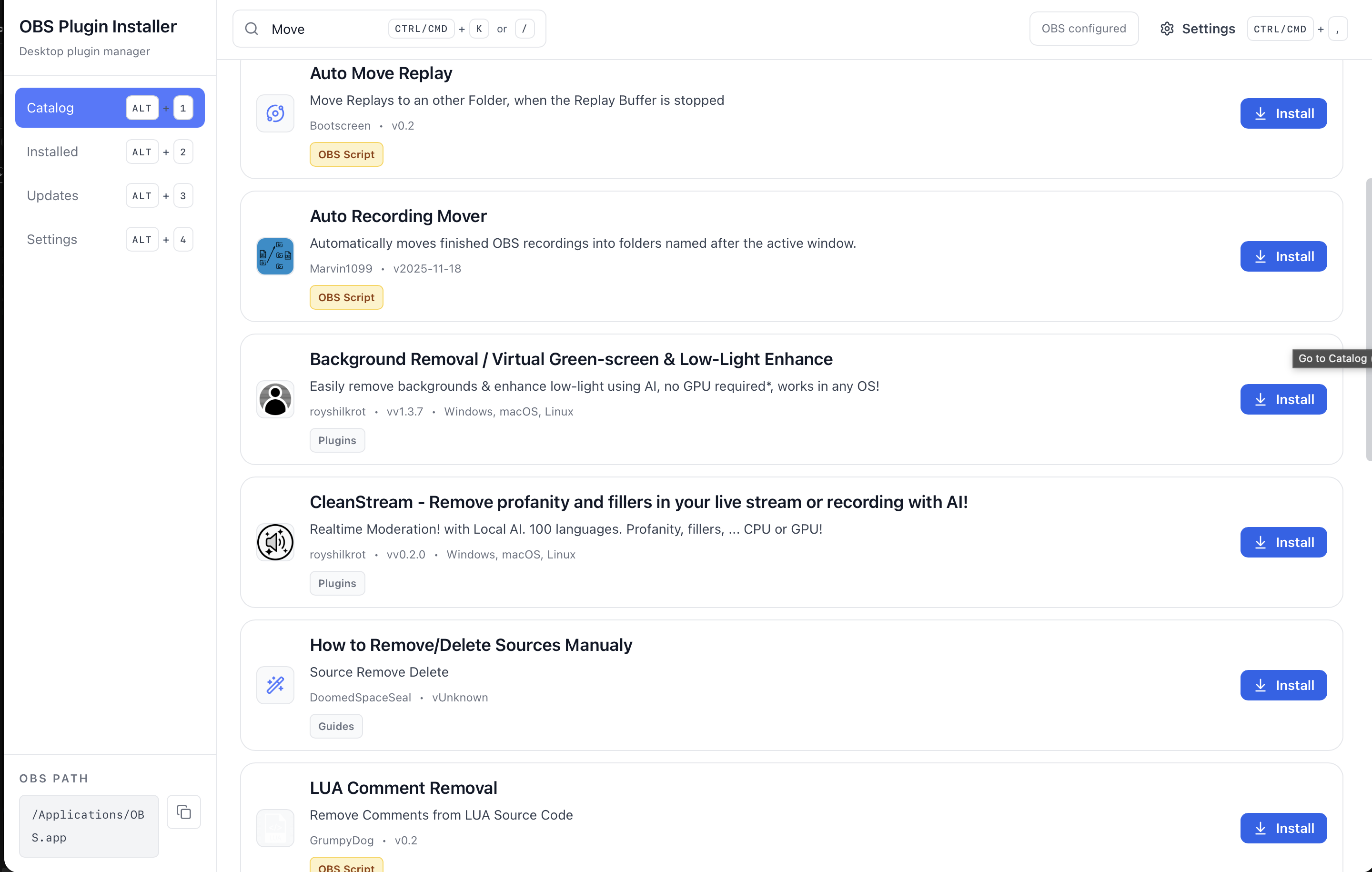 OBS Plugin Installer catalog page for discovering OBS plugins