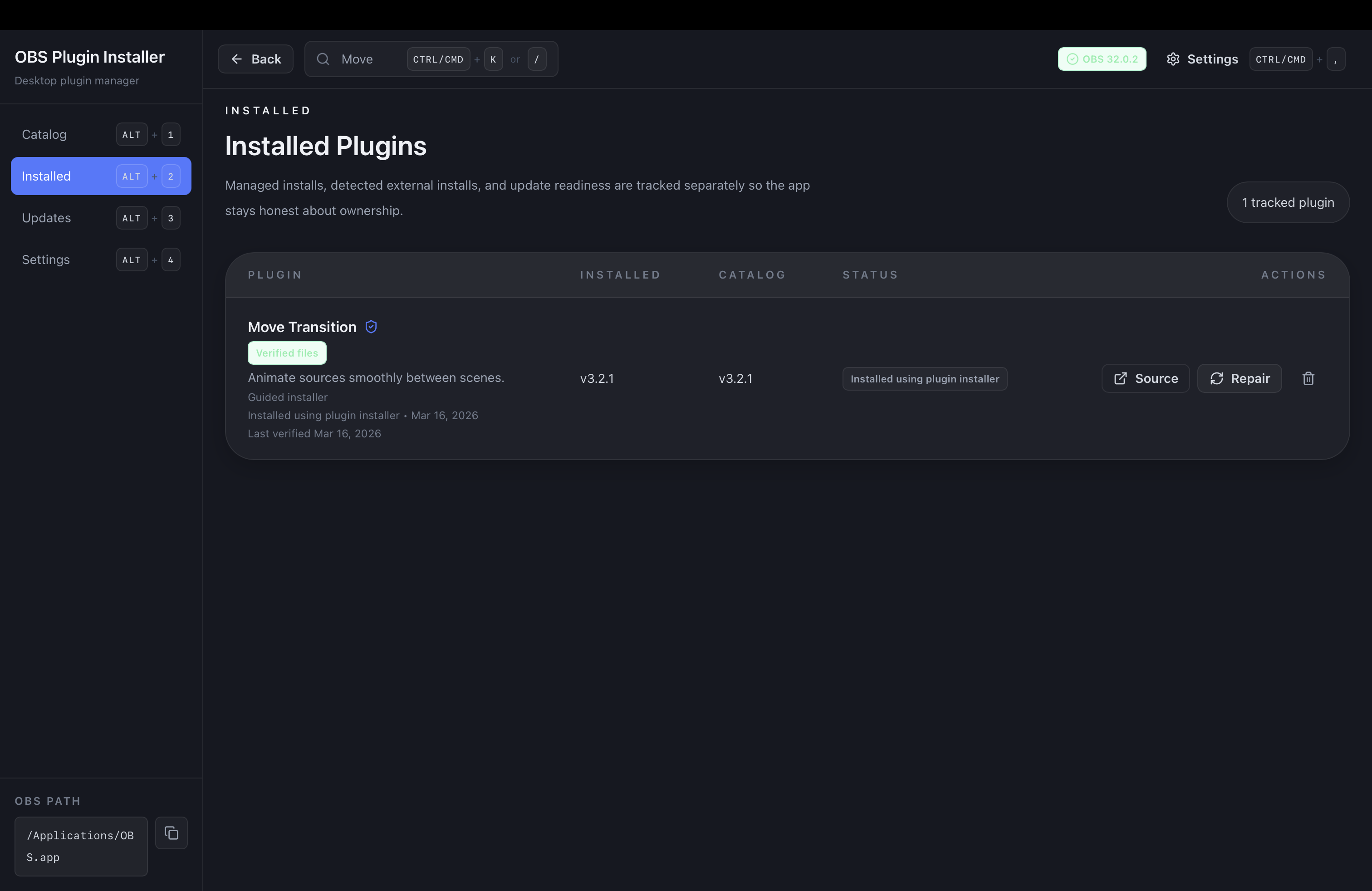 OBS Plugin Installer installed plugins dashboard for OBS Studio